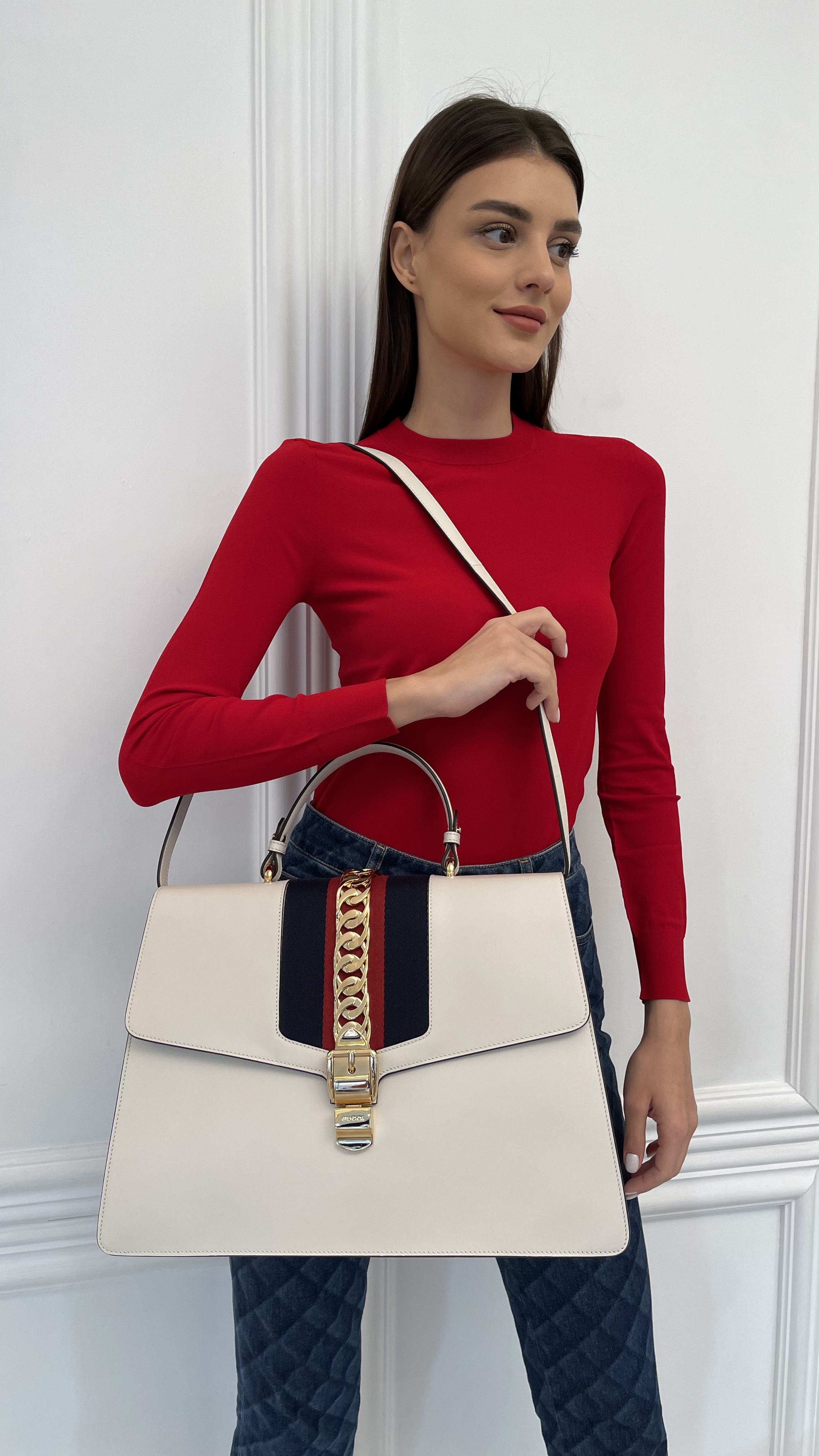 Gucci - White Leather Maxi Sylvie Top Handle Bag